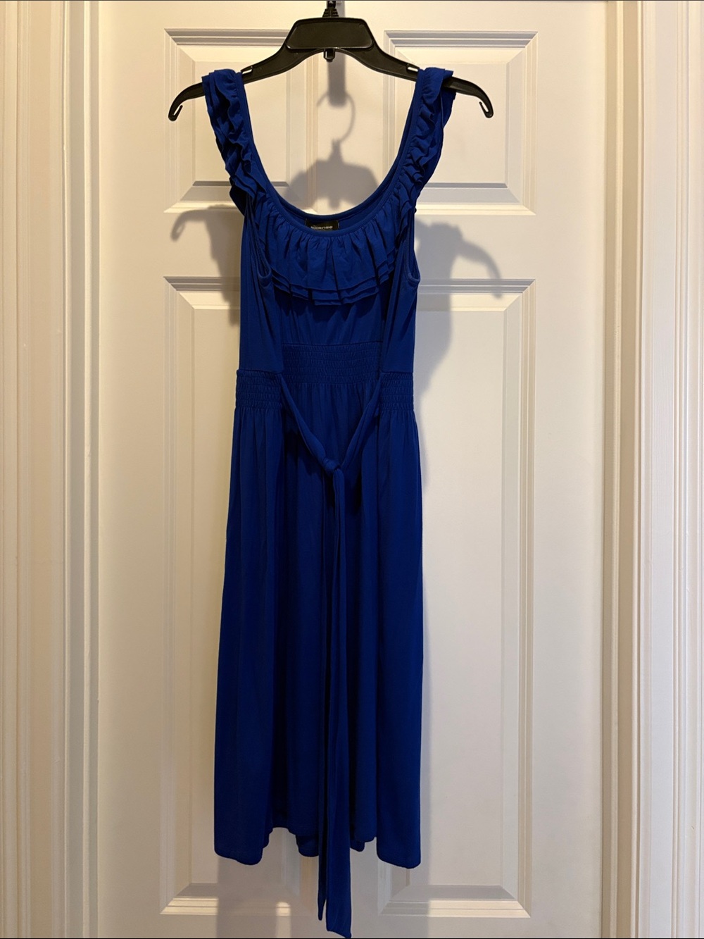 Classic Ruffled Sleeveless Midi Dress in Royal Blue- 95% viscose, 5% spandex